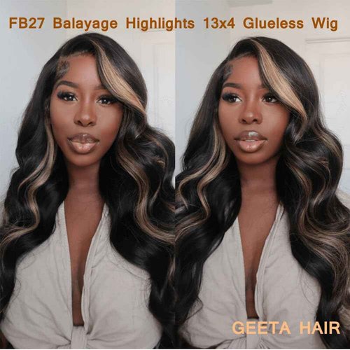 BestFun 220% Density 1B/27 Balayage Highlight Lace Front Wig Human Hair Pre Plucked 13x4 HD Lace Ombre Body Wave Wig Glusless Wigs Human Hair for Women 18 Inch