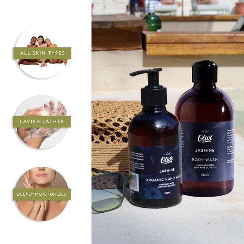 Olivé Olive Oil Gift Box 5 Piece Jasmine Scent Body Wash 500ml Hand Wash 500ml Two 125g Bar Soaps With Loofah Moisturizing Gentle Cleanse Set for Face Body Hands and Sensitive Skin