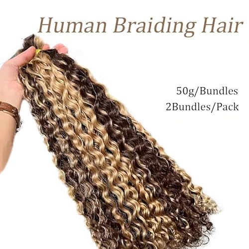 32 Inch Human Braiding Hair Water Wave for Braiding Wet and Wavy Micro Braiding Human Hair Ombre Honey Blonde 4/27 No Weft Human Braiding Hair Extensions for Box Boho Braids 100G With 2Bundles