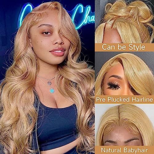 Honey Blonde Lace Front Wig Human Hair 27# Colored Human Hair Lace Front Wigs 13x4 Body Wave Glueless Lace Front Wigs Human Hair 200 Density 22 Inch