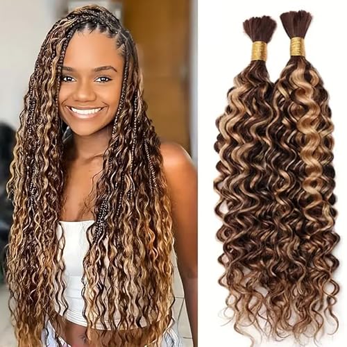 32 Inch Human Braiding Hair Water Wave for Braiding Wet and Wavy Micro Braiding Human Hair Ombre Honey Blonde 4/27 No Weft Human Braiding Hair Extensions for Box Boho Braids 100G With 2Bundles