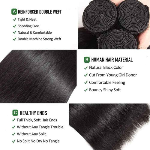 Afeier Straight Bundles Human Hair 20 22 24 26 Inch Straight Hair 10A Double Weft Hair Extensions for Women 4 Bundles Deals 100% Unprocessed Virgin Human Hair Natural Black