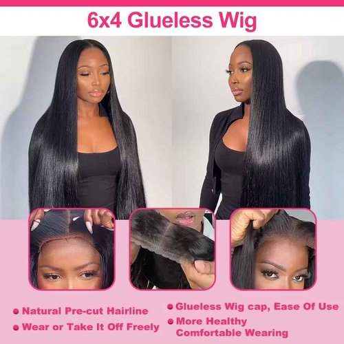 JUBOTIN Straight Gluless Lace Wigs Human Hair Pre Bleached Invisible Knots 30 Inch 6x4 HD Lace Front Wigs Human Hair Glueless Wigs Human Hair for Women Pre Plucked 180% Density