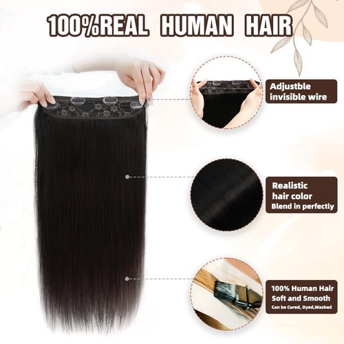 Invisible Wire Hair Extensions Real Human Hair - 20 Inch 80G Natural Black Transparent Fish Line Clip-Ins Hair Piece, 100% Remy Human Hair Extensions for Women