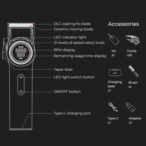 VGR 001 Professional Hair Clippers for Men, Cordless Barber Clippers for Hair Cutting, Carbon Steel Blade Hair Trimmers for Barbers, 9000RPM, LED Display, Red