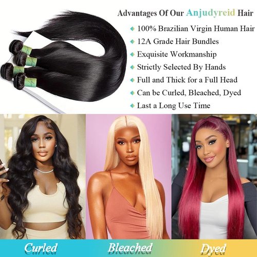 AnJudyReid Straight Human Hair Bundles for Black Women 32Inch 13A Grade 100% Unprocessed Straight Bundles Human Hair Extensions Natural Black