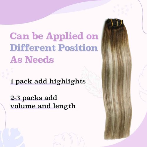 Sindra Clip in Hair Extensions Balayage Darker Brown to Ash Brown Highlights Golden Blonde 16 Inch 100g 6pcs Hair Extensions Clip Ins Remy Thick Ends #3/8/22 16''