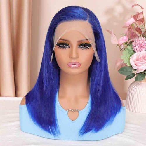 Hihmarm Blue Lace Front Wig Human Hair 13x4 Hd Lace Front Wigs Preplucked 16 Inch Glueless Wig Natural Hair Line 180% Density Straight Human Hair Wigs For Black Women Frontal Wigs Human Hair