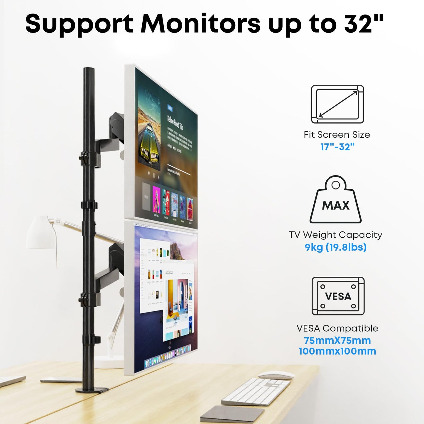 17-32'' Vertical Monitor Stand, 34.9'' Long Pole Stand, Max Load 19.8 lbs, Adjustable Tilt/Swivel/Rotate WORLDLIFT Dual Stacked Monitor Mount, VESA 75 * 75/100 * 100mm
