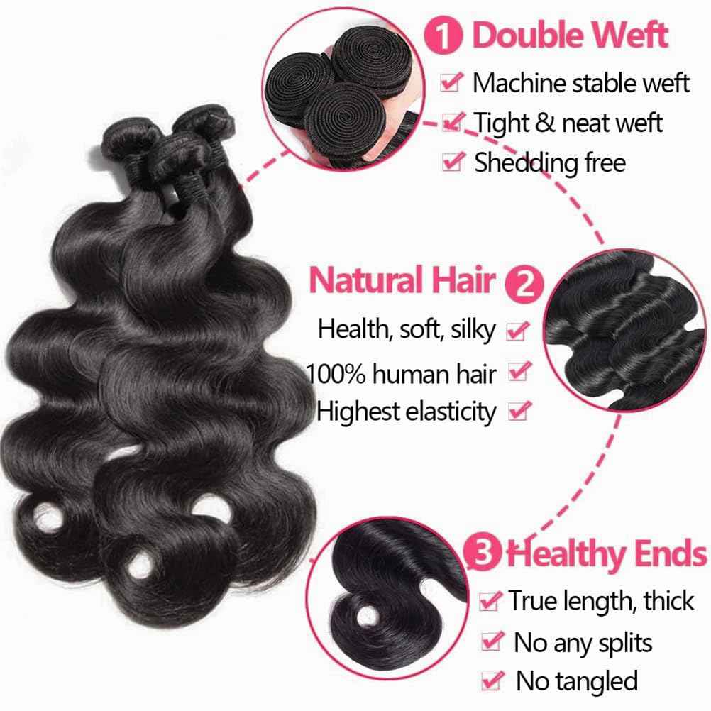 Human Hair Bundles with Closure 18 20 22+16 Inch Body Wave Closure with bundles 100% Brazilian Virgin 3 Bundles Human Hair Weave with 4x4 Free Part Lace Closures Natural Black