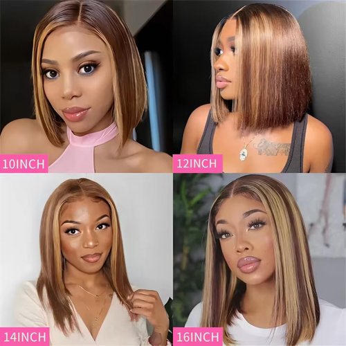 mianduan Highlight Bob Wigs Human Hair 13x4 Frontal Lace Wig 4/27 Honey Blonde Bob Wigs 14inch Glueless Wigs Human Hair pre plucked pre cut 180% Density 12A Short Wigs for Women Human Hair