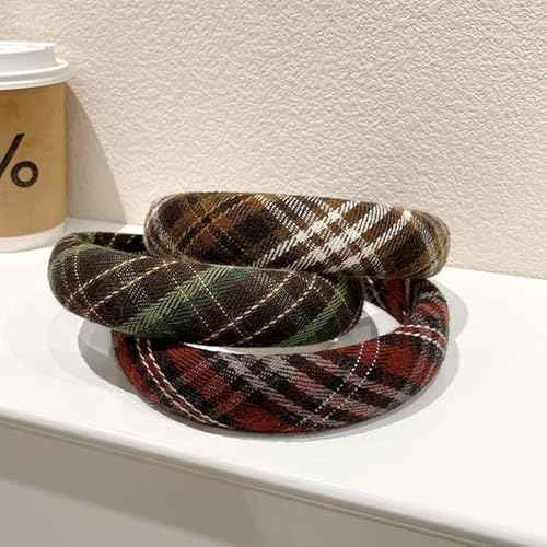 4Pcs Padded Headbands for Women Girls Cute Thick Plaid Hairbands Adult Set Green Navy Blue Brown Red Skincare Hair Hoop Wide Non Slip Soft Headwear Cloth Bulk Fashion Accessories Makeup Christmas Gift