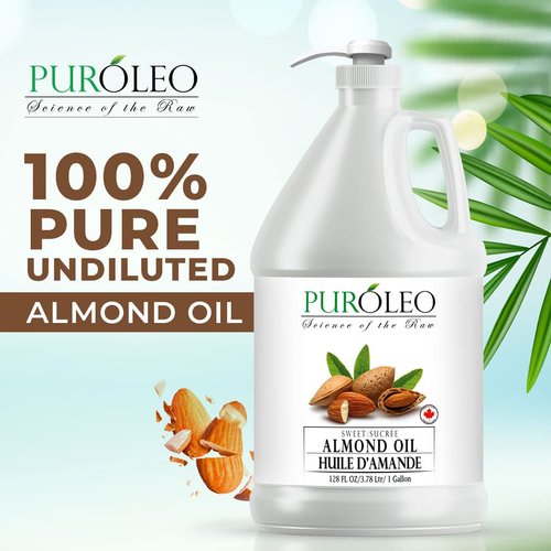 PUROLEO Sweet Almond Oil 128 Fl Oz/3784 ML (Packed In Canada) Pure Almond Oil for Skin, Hair, & Body | Organic Carrier Oil & Body Oils For Women