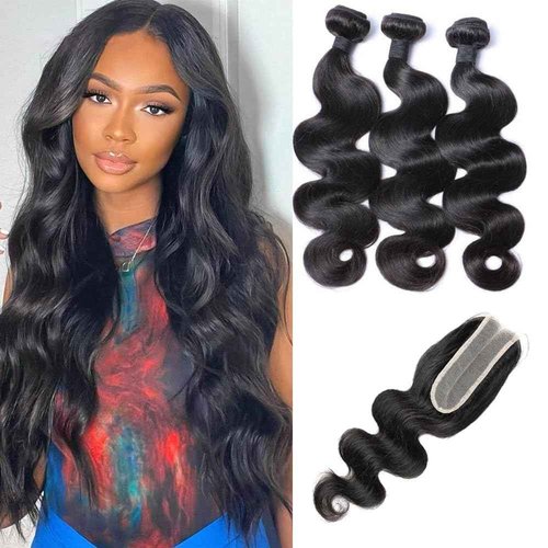 VILSAI Body Wave Human Hair Bundles with Closure (20 22 24+18) 2x6 HD Lace Closure with Bundles 10A Grade Unprocessed Brazilian Virgin Human Hair Natural Black Color