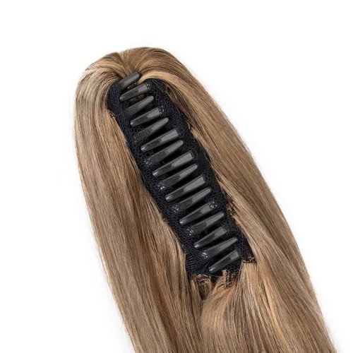 TESS Human Hair Claw Clip Ponytail Extension Real Remy Hair long ponytail extension for Women Straight, 18 Inch, Chocolate Brown Mixed Light Brown