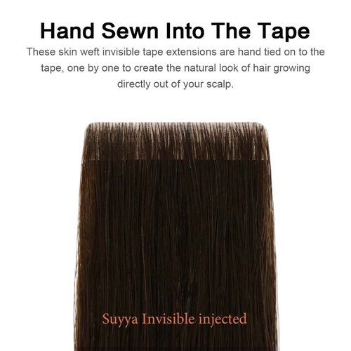 SUYYA Invisible Tape in Hair Extensions Human Hair Darkest Brown Seamless Injected Hand-Tied Pro Quality Virgin Human Hair 20PCS 50G/Pack Straight Tape Ins(18 inch #2 Darkest Brown)