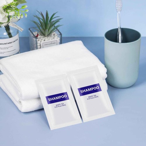 500 pack 0.35 fl oz/10ml Travel Size Shampoo Bulk Individually Wrapped - Refreshing Mini Shampoo Packets Hair Shampoo Single Use Supplies for Homeless Care Hotel Guests, White Tea Scent