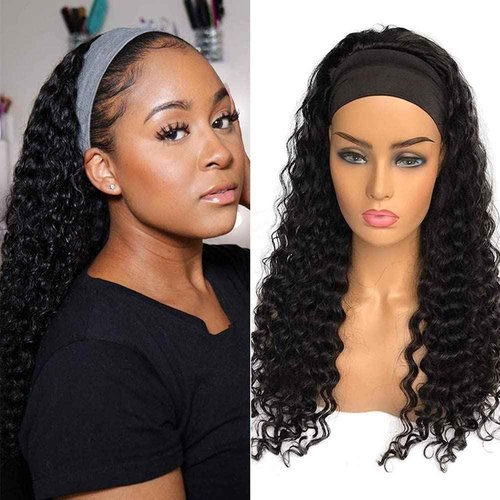 XSY Headband Wig Human Hair Deep Wave Human Hair Wigs 24 Inch Virgin Brazilian None Lace Front Wig Glueless Machine Made Wigs for Black Women Natural Colour