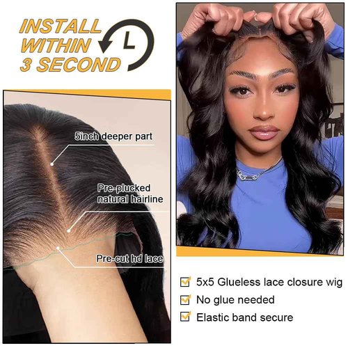 Tosiboy 5x5 Hd Lace Closure Wigs Human Hair Pre Cut Lace Glueless Wig Wear and Go Wigs Human Hair Pre Plucked 180 Density Body Wave Lace Front Wigs Human Hair Glueless for Women Natural Hairline