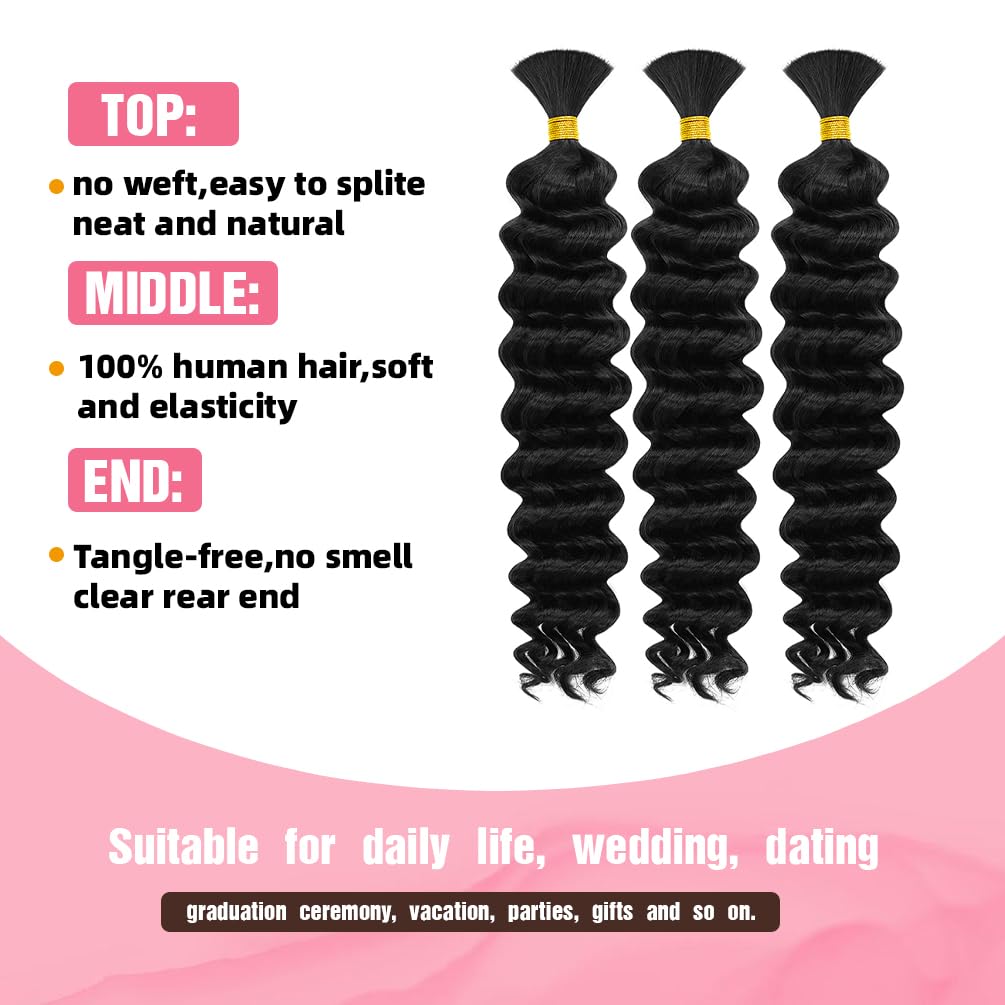 Human Braiding Hair, 3 Bundle 150g 20 Inch Boho Braids Human Hair 10A Deep Wave Bulk Brazilian Virgin No Weft Wavy Hair Extensions for Boho Bohemian Micro Braid Bulk for Braiding Natural Black