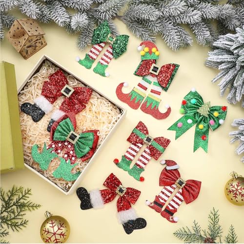 8 Pack Christmas Hair Clips for Women Glitter Sequins Red and Green Christmas Bow Clips Xmas Glitter Hair Accessories Deer Antler Headdress Cute Xmas Party Gifts for Women (Mixed Style)
