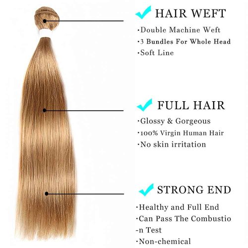 ijoy Honey Blonde 3 Human Hair Bundles with Lace Closure 4x4 Free Part 10 12 14+C10 Inch Human Hair Long Straight Bundle 10A Brazilian Virgin Hair Extension