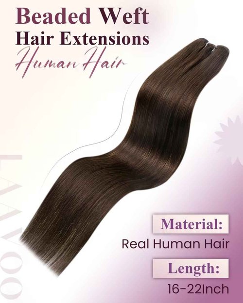 LaaVoo Hair Beaded Weft Hair Extensions Human Hair Weft Extensions with Micro Beads Weft Hair Extensions Medium Brown Human Hair 22inch 50g
