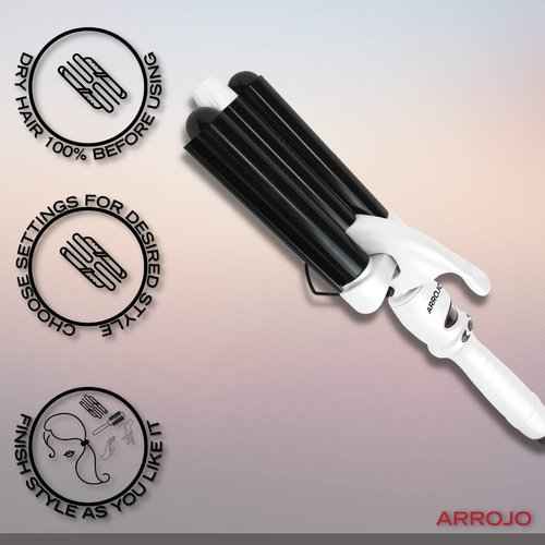 Arrojo Triple-Barrel Mermaid Waving Wand — Infrared Technology Beach Waver — Temperature Control Curling Iron — Positive Ionic Curling Wand — 3 Barrel Curling Iron for All Types of Hair