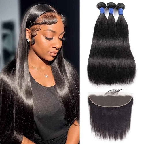 10A Straight Bundles with Frontal 16 18 20 with 14 Inch Human Hair Bundles with Closure 100% Unprocessed Brazilian Virgin Human Hair Weave 3 Bundles with Frontal HD Lace