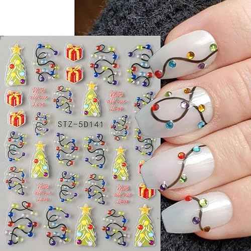 Christmas Nail Stickers 5D Embossed Nail Decals DIY Self Adhesive Nail Design Sticker Christmas Tree Nail Decoration Supplies Holiday Manicure Accessories for Women Girls 3Pcs