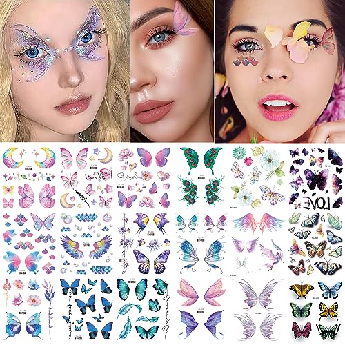 18 Sheets Glitter Butterfly Temporary Tattoos Sticker Colorful Waterproof Flash Fairy Wings Body Art Shiny Butterflies Flowers Eye Face Makeup Fake Tattoos for Women Girls Eye Decorations Supplies
