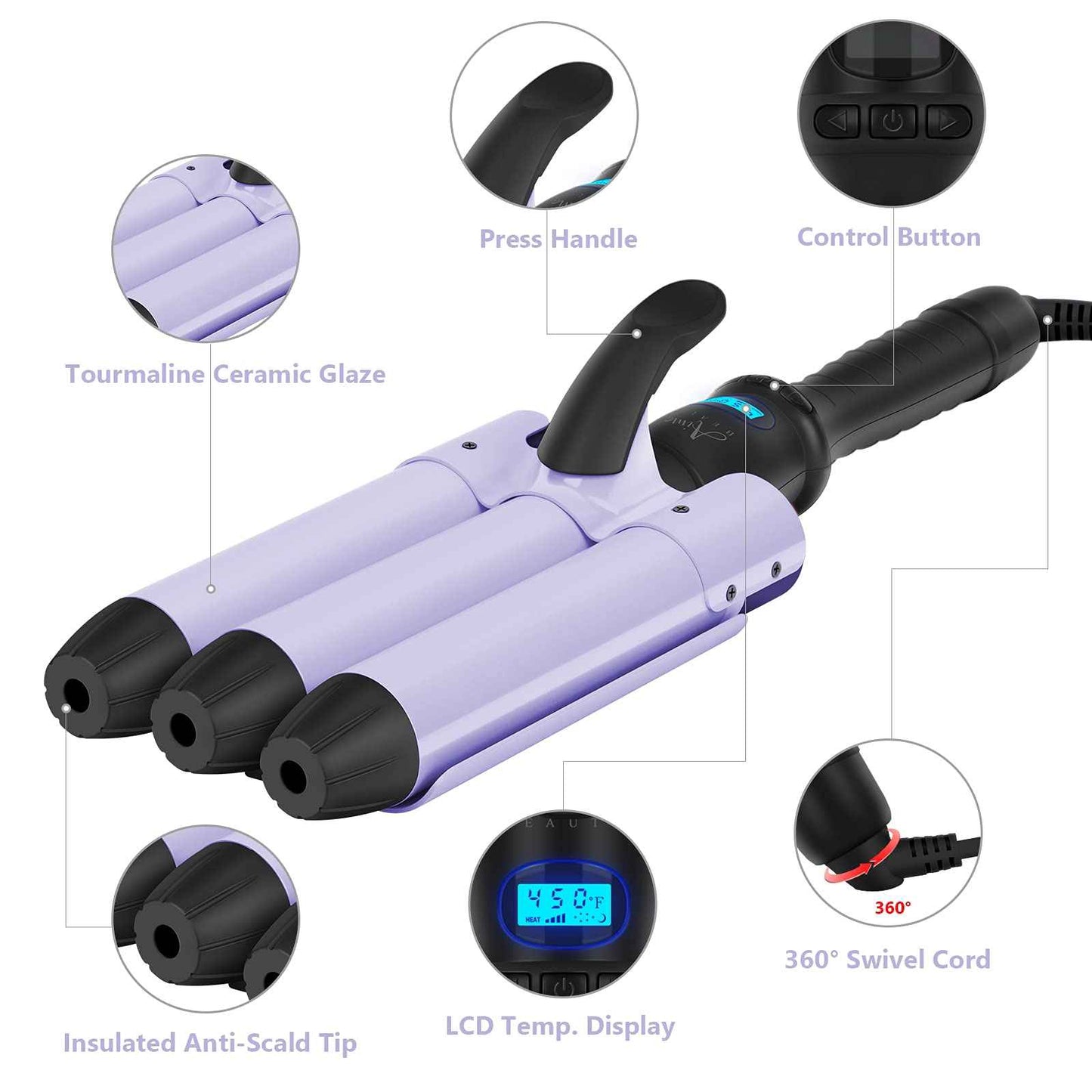 32mm Aima Beauty Big Wave Curling Iron Mermaid Hair Waver 3 Barrel Hair Crimper LCD Display Extra Long Barrel Multiple Temperature Negative Ionic Fast Heat Up (Purple)