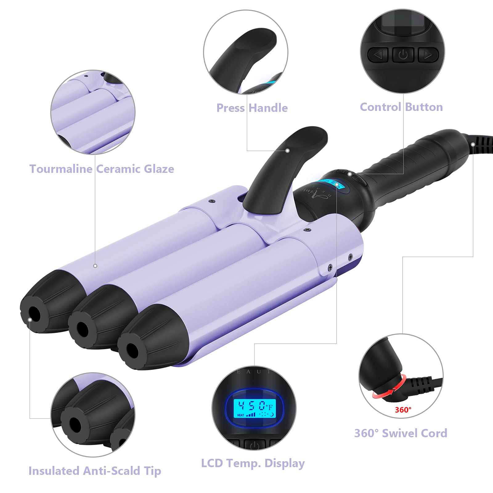 32mm Aima Beauty Big Wave Curling Iron Mermaid Hair Waver 3 Barrel Hair Crimper LCD Display Extra Long Barrel Multiple Temperature Negative Ionic Fast Heat Up (Purple)
