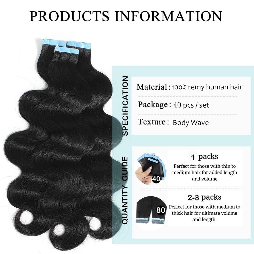 HUA 22 Inch Tape ins for Black Women Human Hair 40PCS Body Wave Tape in Hair Extensions Human Hair Black Women Reusable Tape ins PU Skin Weft Extensions 100% Human Hair