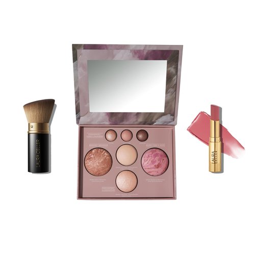 LAURA GELLER Own Your Age Kit: Best of the Best Palette and Jelly Balm Tinted Lip Color, In the Buff and Retractable Angled Kabuki Brush