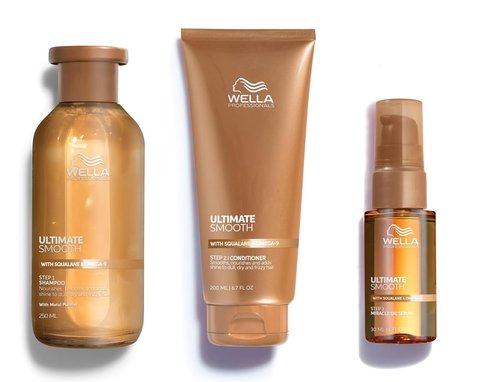 Wella Professionals ULTIMATE SMOOTH Shampoo 8.4 Fl Oz. + Conditioner 6.7 Fl Oz. + Miracle Oil Serum Travel Size - 1 Fl Oz. | For Dry, Dull & Frizzy Hair | With Squalane & Omega 9