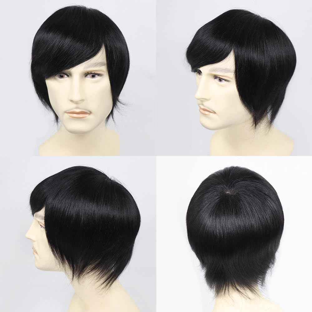 Lavishairs 0.03mm Thin Skin Human Hair Men Toupee Brown Full PU Base Hairpiece For Men Wig Natural Wave Styles Human Hair Mens Wigs Replacement Systems 8x10 Size (Black, 0.04-0.06, Straight)