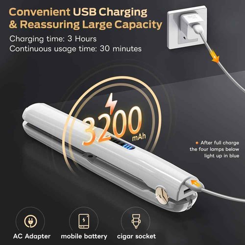 Cordless Hair Straightener and Curler 2 in 1 Ceramic Flat Iron Mini Cordless Portable Travel Hot Tools Straight Curl for Women Men USB Rechargeable with Pouch (White)