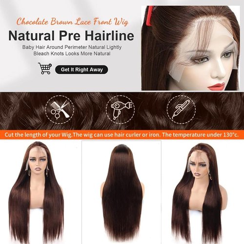 20 Inch Chocolate Brown Lace Front Wigs Human Hair Pre Bleached 200% Density 13x6 HD Straight Lace Front Wigs Pre Plucked with baby Hair