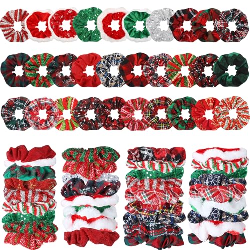 60 Pcs Christmas Scrunchies for Women Christmas Hair Scrunchies Bulk Holiday Scrunchies Velvet Soft Elastic Snowflake Ponytail Holder Plaid Christmas Scrunchie Gift Pack for Women