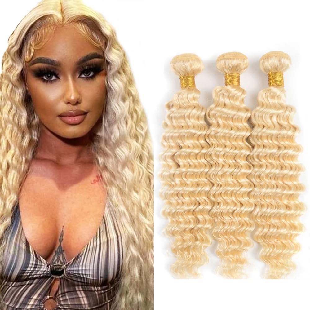18 20 22 Inch Deep Wave Human Hair Bundles Blonde 613 Bundle Human Hair Extension Blonde Unprocessed Brazilian Virgin Quick Weave Hair Extension for Black Women