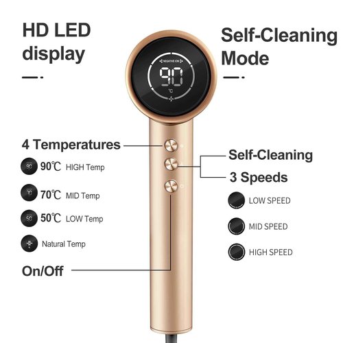 AEMOLL Hair Dryer, 110000RPM Professional Low Noise Negative Ionic Blow Dryer, Fast Drying, Negative Ions Care, Heat-Control, with Magnetic Diffuser and Nozzle, 4 Temps & 3 Speeds, HD Display