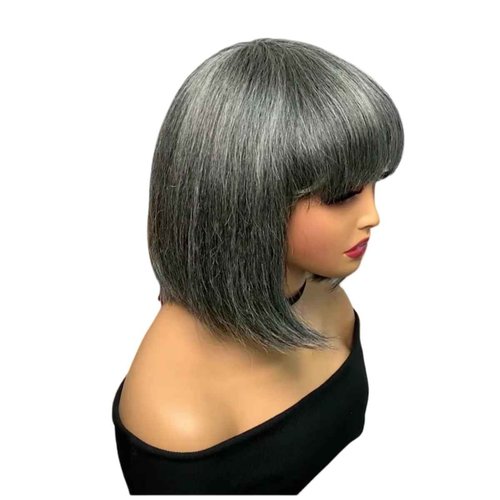 Salt and Pepper Wigs for Black Women with Bangs, Glueless Non Lace Short Straight Silver Wig, Ready to Wear Natural Look with Breathable Cap (Medium Salt & Pepper | Bangs, 10 inch)