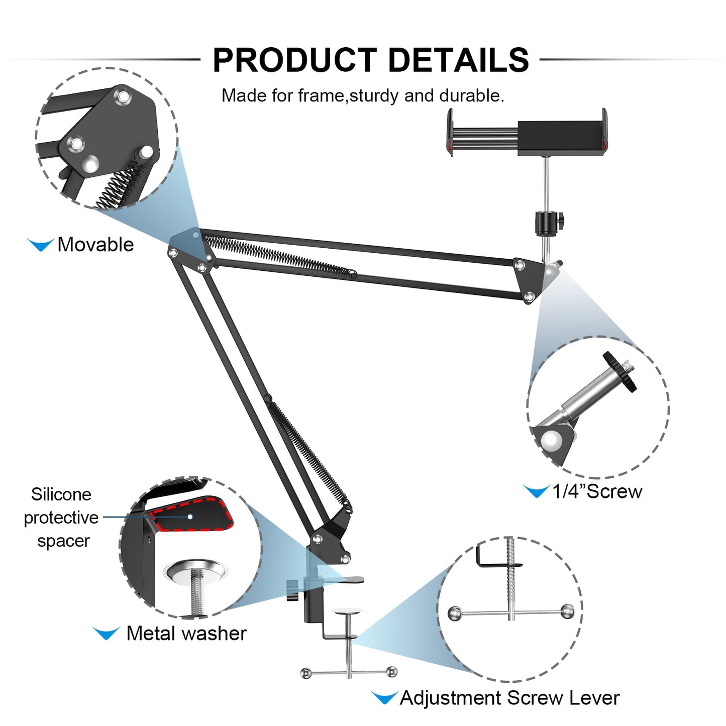 ANIVIA Articulating Arm Phone Mount, Adjustable Arm Webcam, Phone Holder for Streaming, Baking, Crafting, Compatible with 4.3-6.7 inch Devices