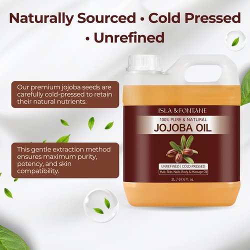 ISLA & FONTANE Jojoba Oil Set – 67.6 Fl Oz (2L) | 100% Pure & Natural | Golden, Unrefined, Cold Pressed | 2 Dropper Bottles & Massager | Hexane-Free Carrier Oil for Skin, Hair, Face, Nails & Body