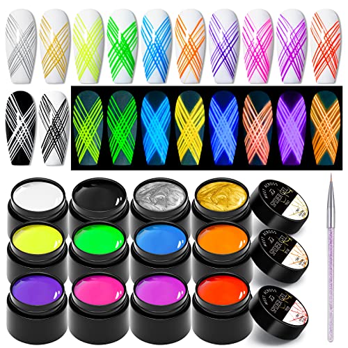 12 Colors Luminous Spider Gel, Glow In The Dark Spider Gel for Nail Art, Elastic Wire Drawing Gel for Line with Brush, Soak off UV LED Drawing Gel Nail Art Design Gel with Neon Fluorescent Effect