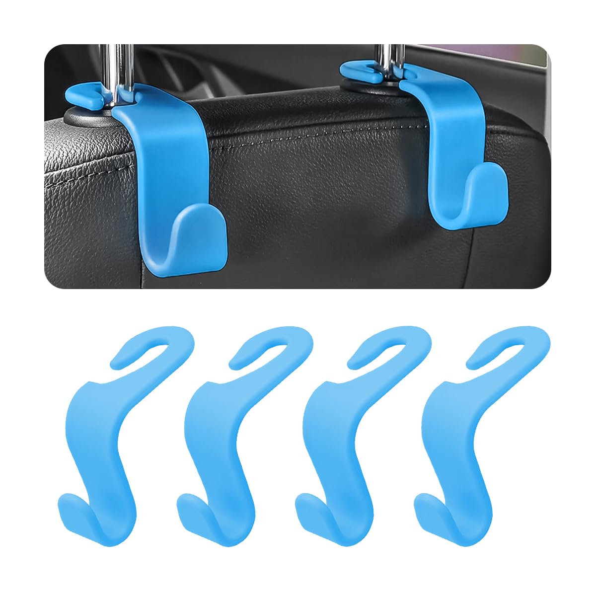 4PCS Car Back Seat Headrest Hooks, Rear Car Seat Storage Headrest Hanger Holder Hooks Organizer, Universal Auto Interior Accessories for Bag Purse Handbag Cloth Coats Grocery (Light Blue)