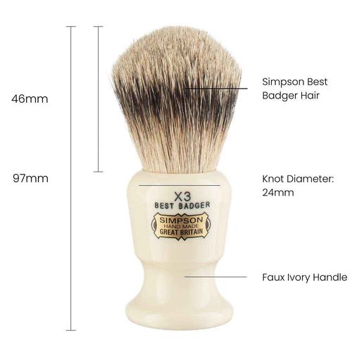Commodore Best Badger Brush- Simpson Shaving Brushes - Faux Ivory Handle (X3 Best)