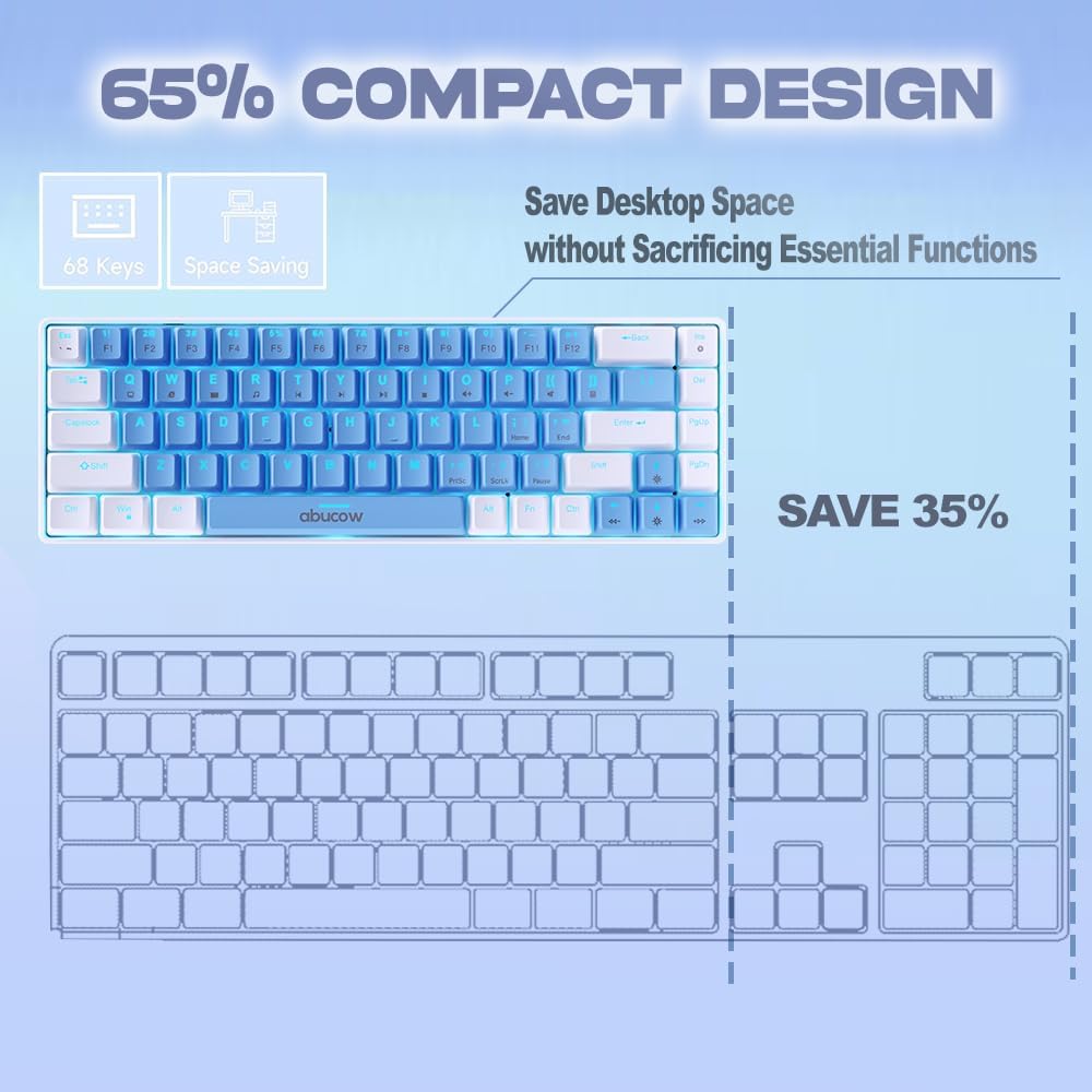 abucow 60% Mechanical Keyboard with Blue Backlight 68-Key Gaming Keyboard White-Light Blue Keycaps - Red Switches for a Premium Typing and Gaming Experience PC Mac (White-Light Blue)