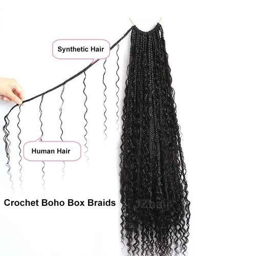 NFHair Crochet Boho Box Braids With Human Hair Pre-Looped Synthetic Braiding Goddess Braids Double Drawn Curly Full Ends Hair Extensions For Women Natural Color 1Pack/40 Stands 14Inch